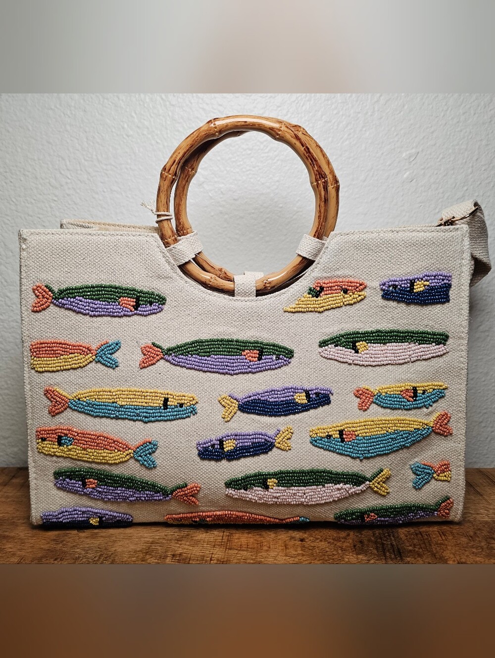 NWT Beaded Sardine Bamboo Handle w/Strap Coastal Canvas Viral Bag